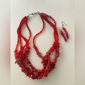 Festival ready Vibrant Red Beaded Necklace and Earring Set
